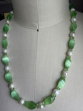 Handmade Freshwater Pearls with Elongated Green Cat’s Eye 23” Necklace